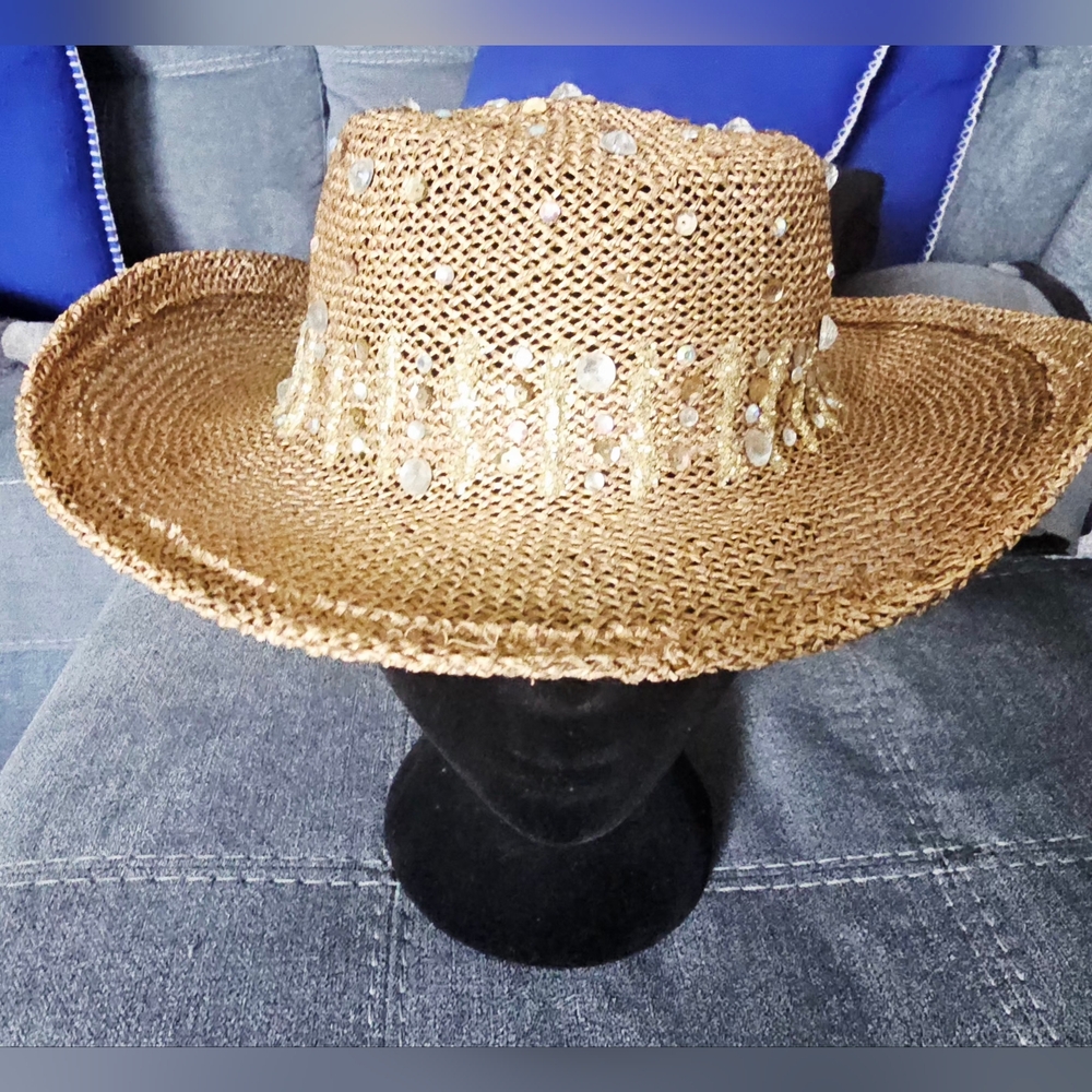 Eric Javits Straw Western Sun Hat with Shell and Sequin Trim - Natural